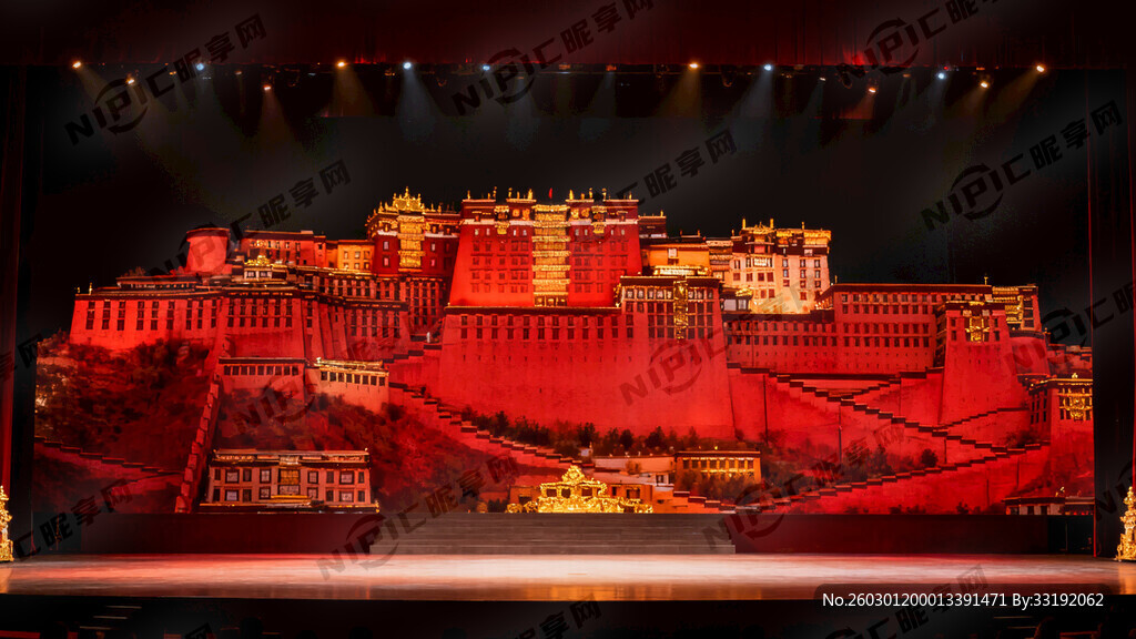 帮我生成布达拉宫舞台背景红色的
