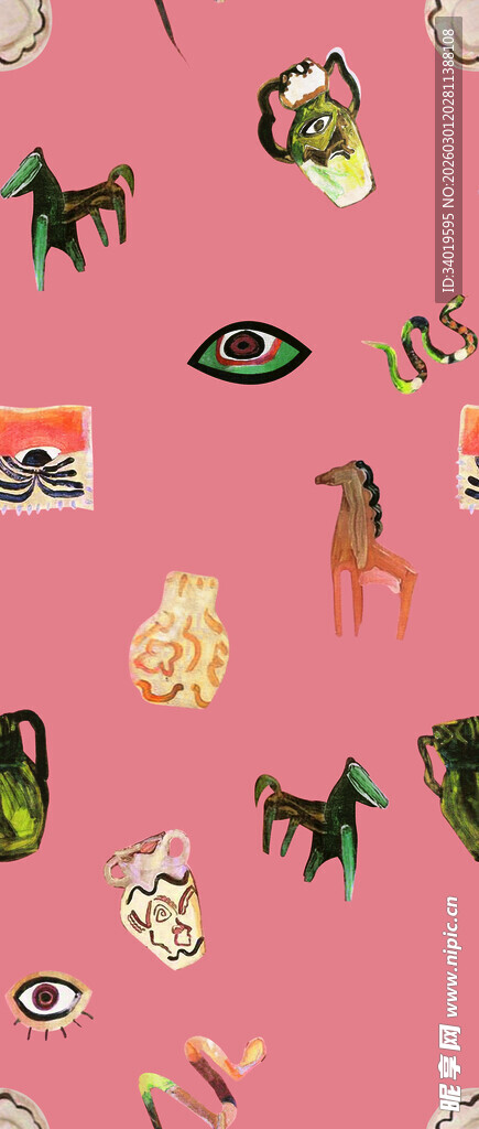 粉色背景上的多彩卡通图案