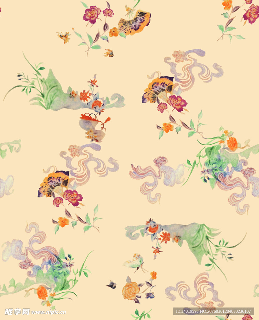 花卉飞鸟图案的精美织物