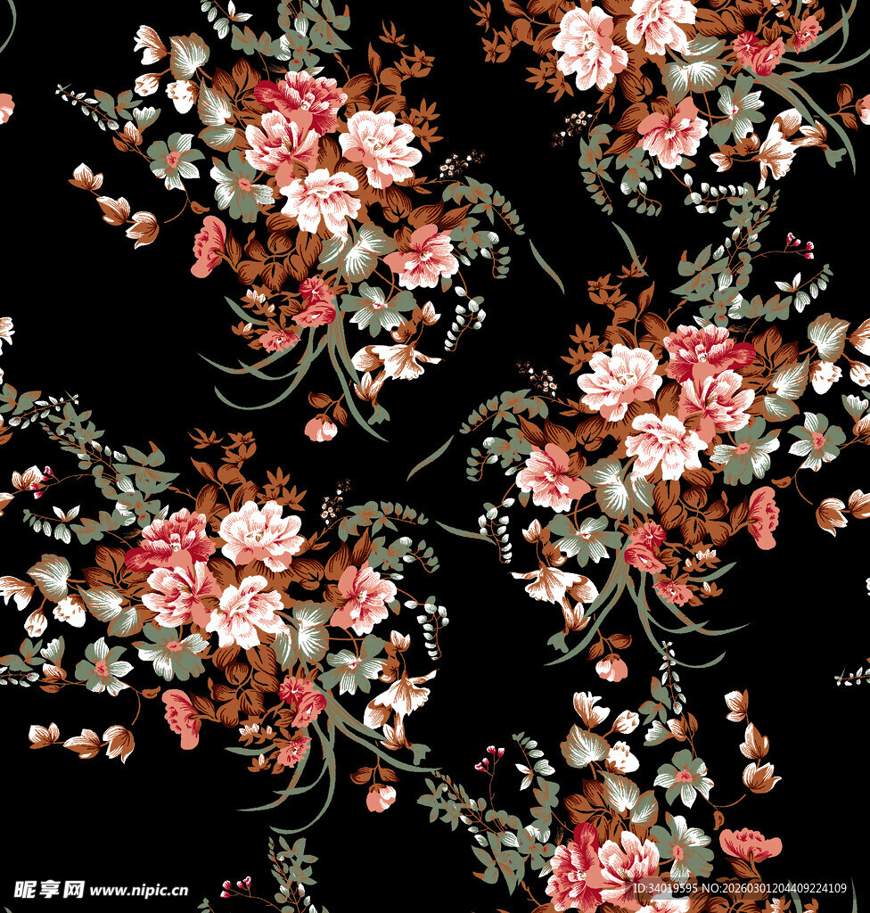 黑色底花卉图案印花