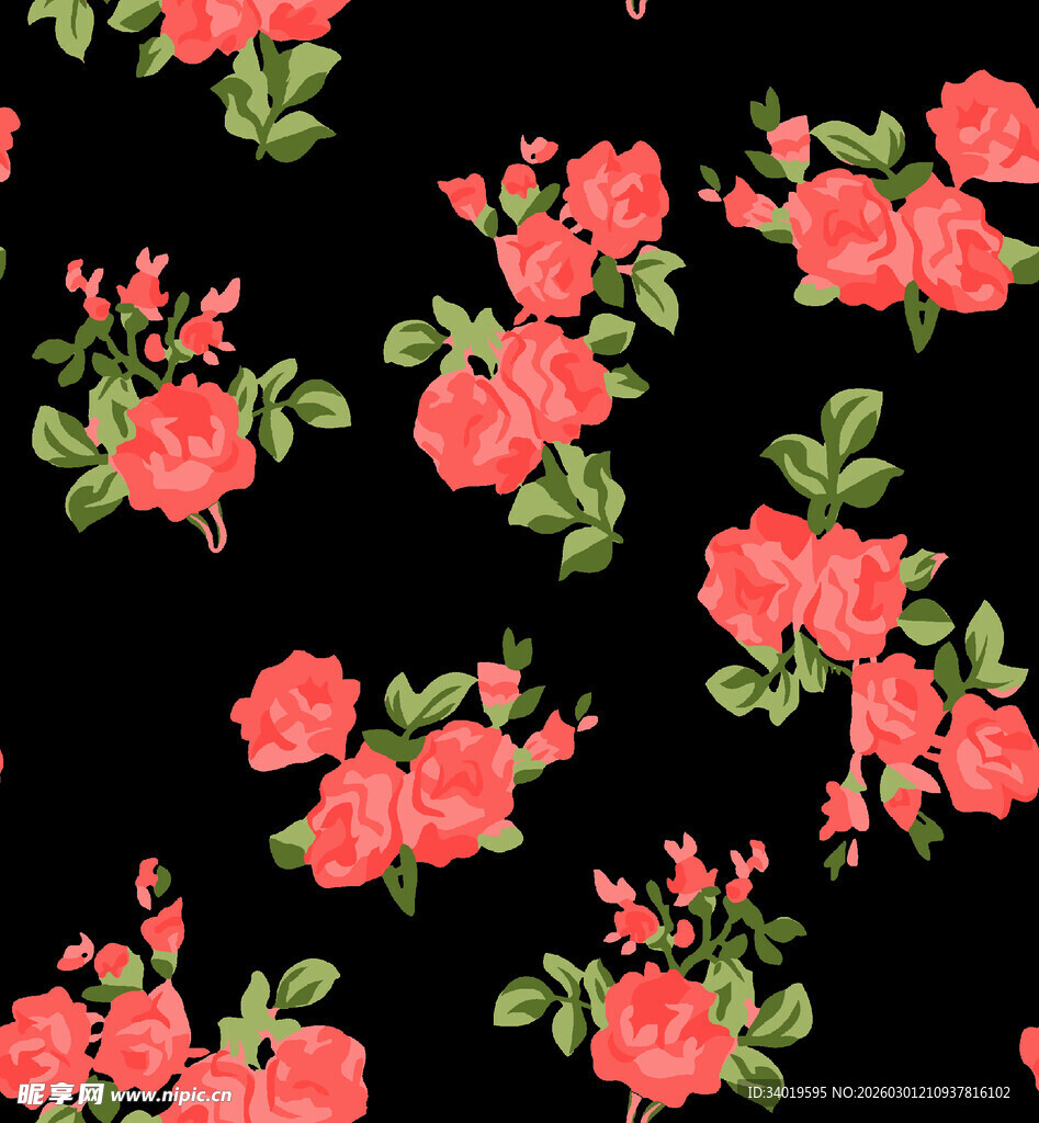 黑色底粉色花卉图案