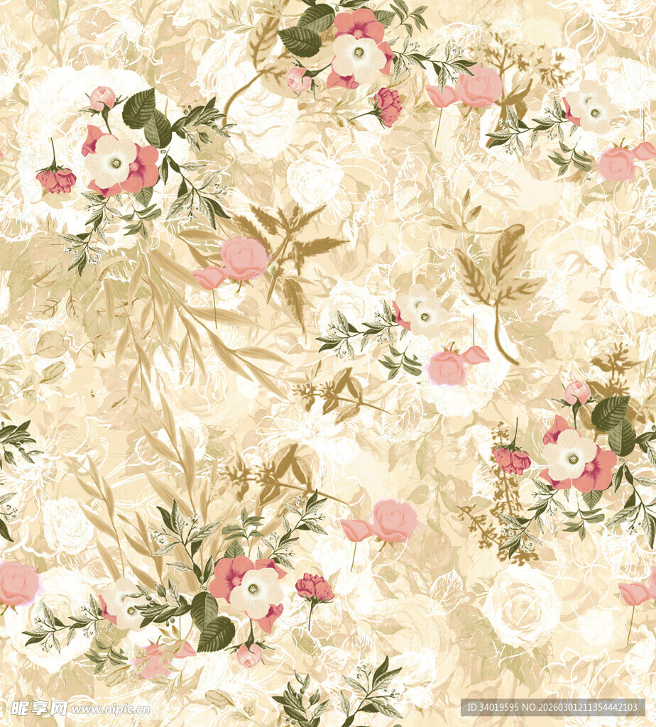 花卉图案米色背景布料