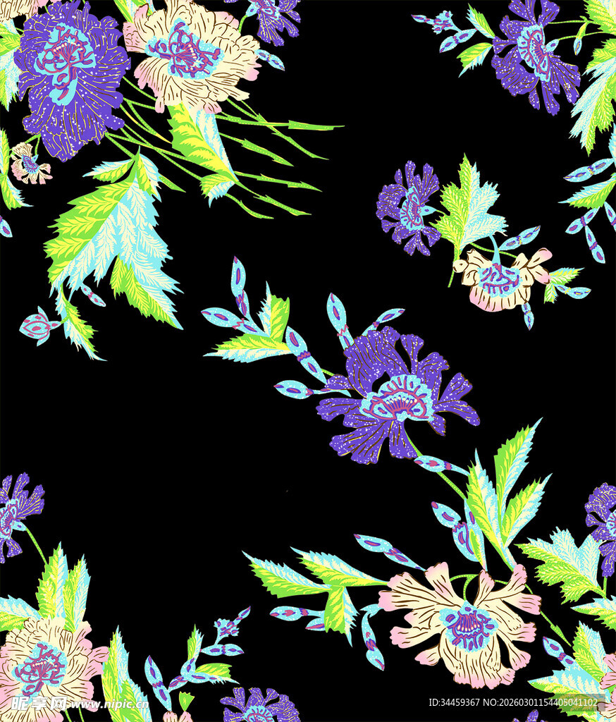 黑色底花卉图案印花