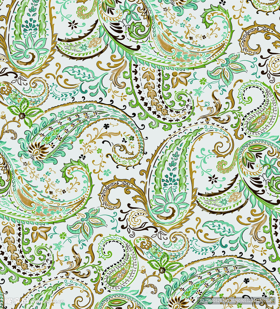 复古风绿色佩斯利花纹图案