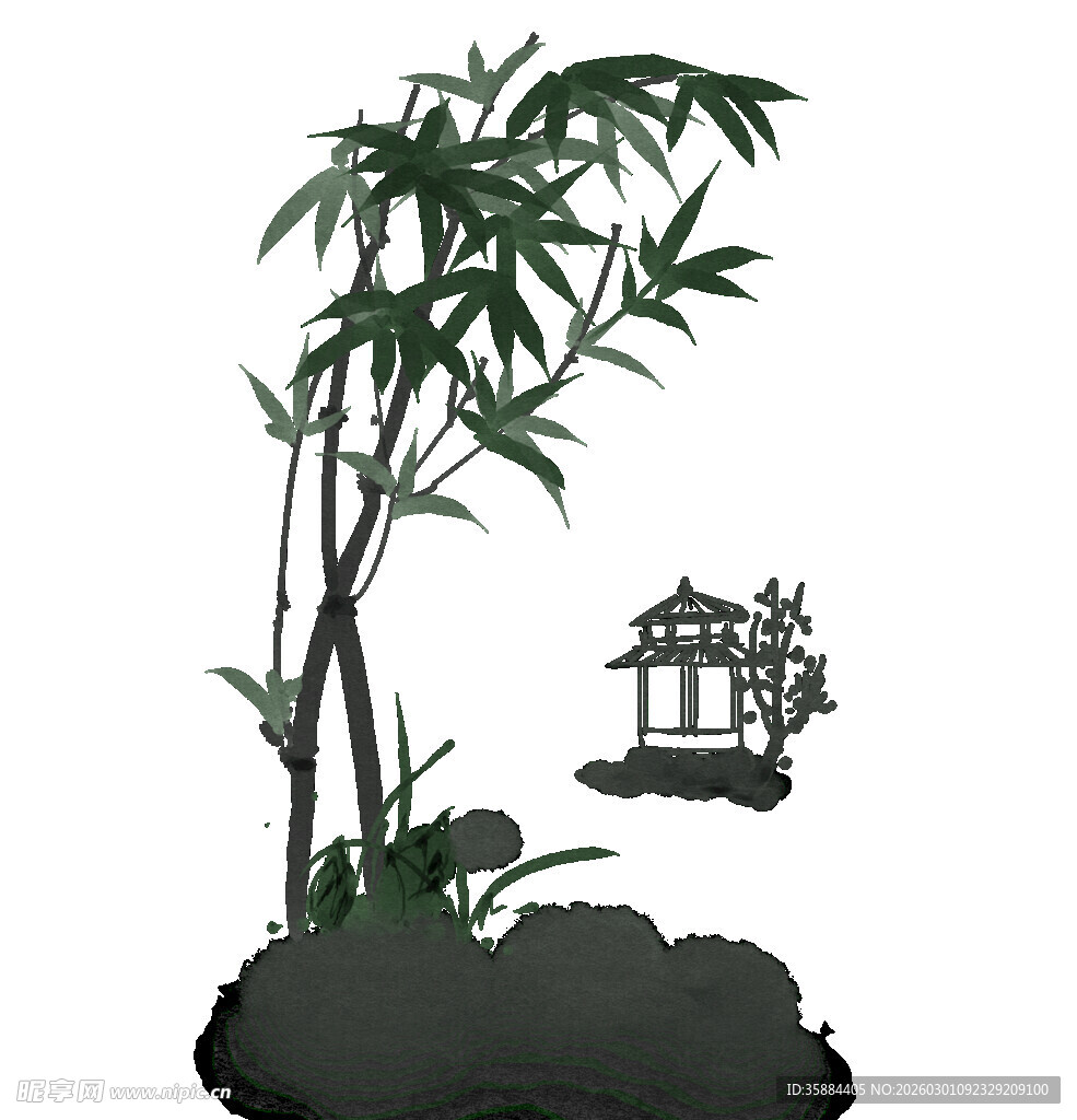 中式竹林旁的雅致小亭