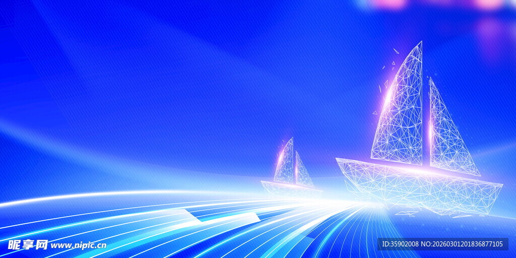 梦幻蓝色科技线条帆船图景