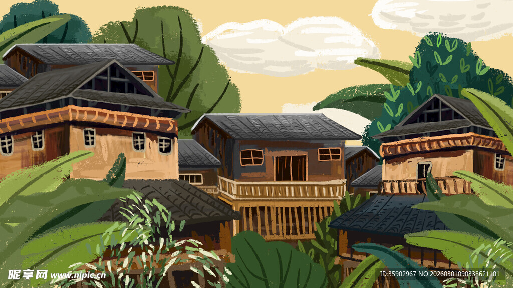 山林中的传统木质民居