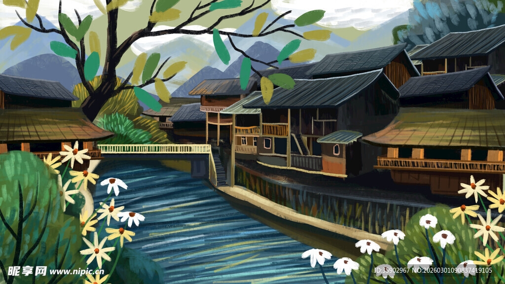 水乡田园风景手绘插画