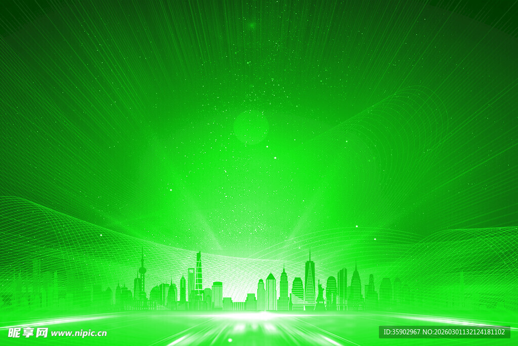 绿光中的未来城市景观