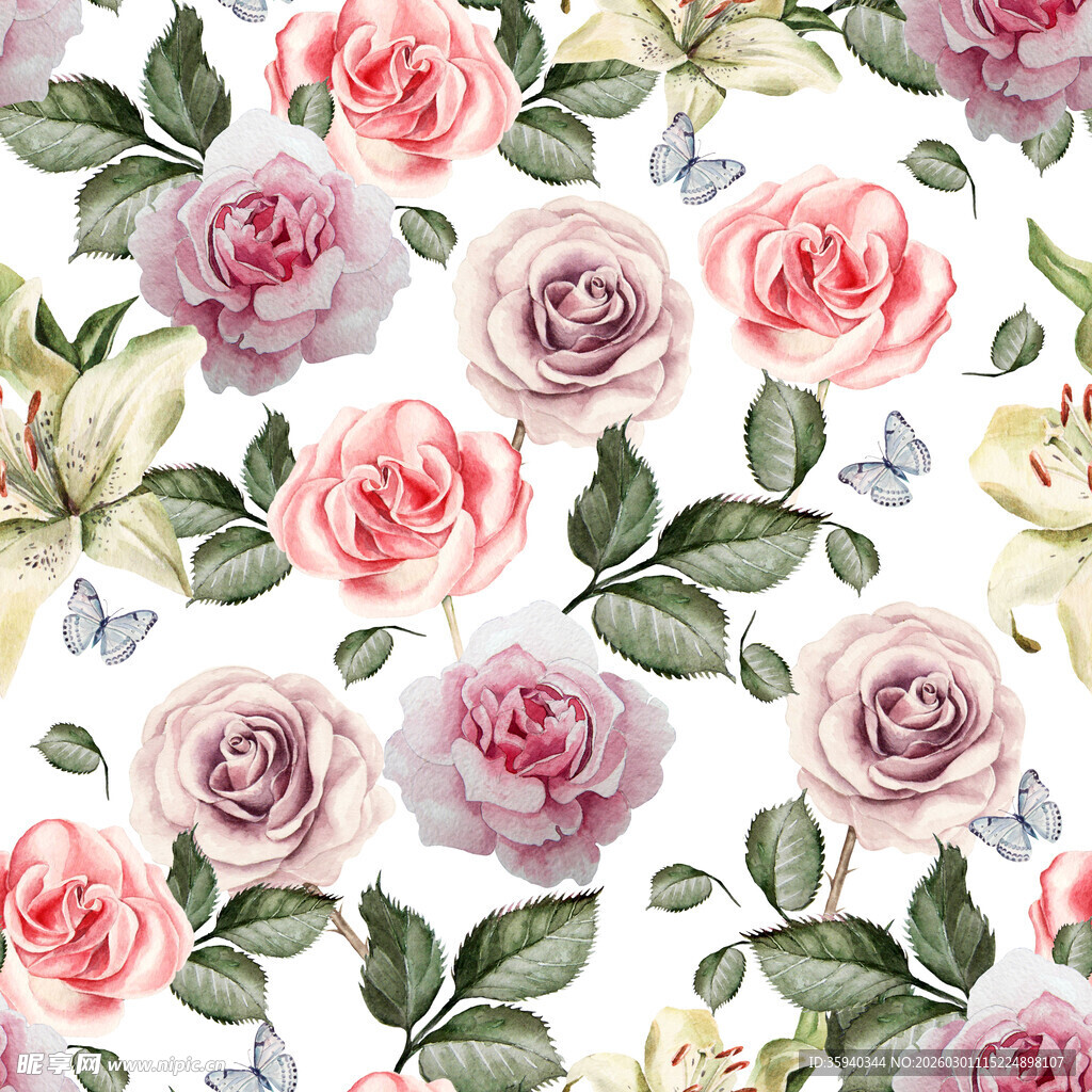 水彩玫瑰花卉图案背景无缝循环