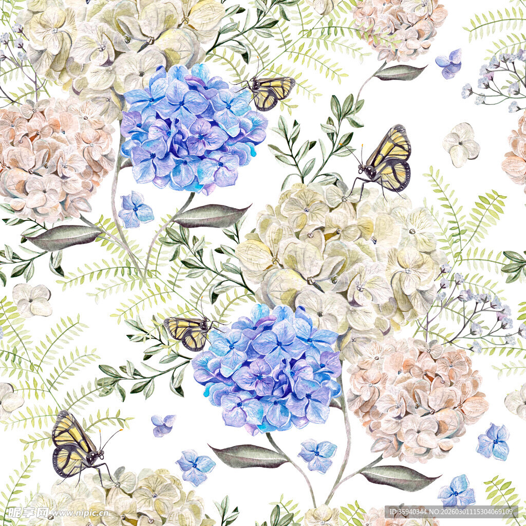 花卉蝴蝶图案的清新壁纸无缝循环