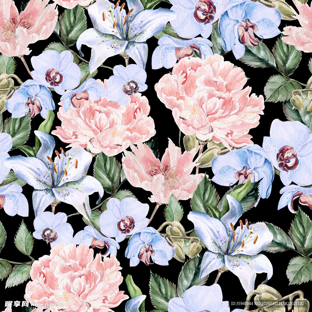 水彩花卉图案柔美浪漫风无缝循环