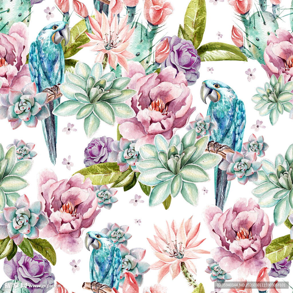 花卉与鹦鹉的唯美图案无缝循环