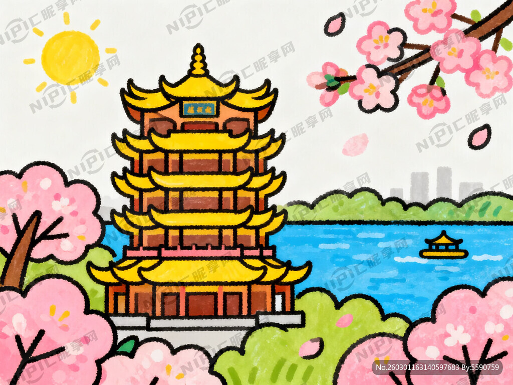 黄鹤楼 樱花 东湖 线条画