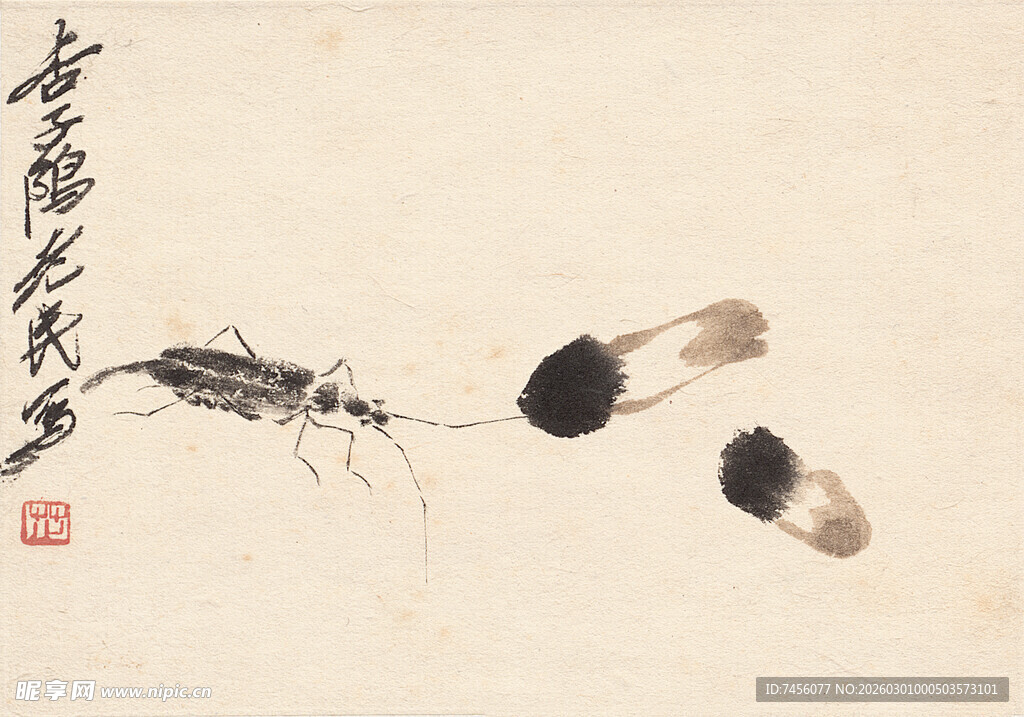 齐白石水墨虾趣图