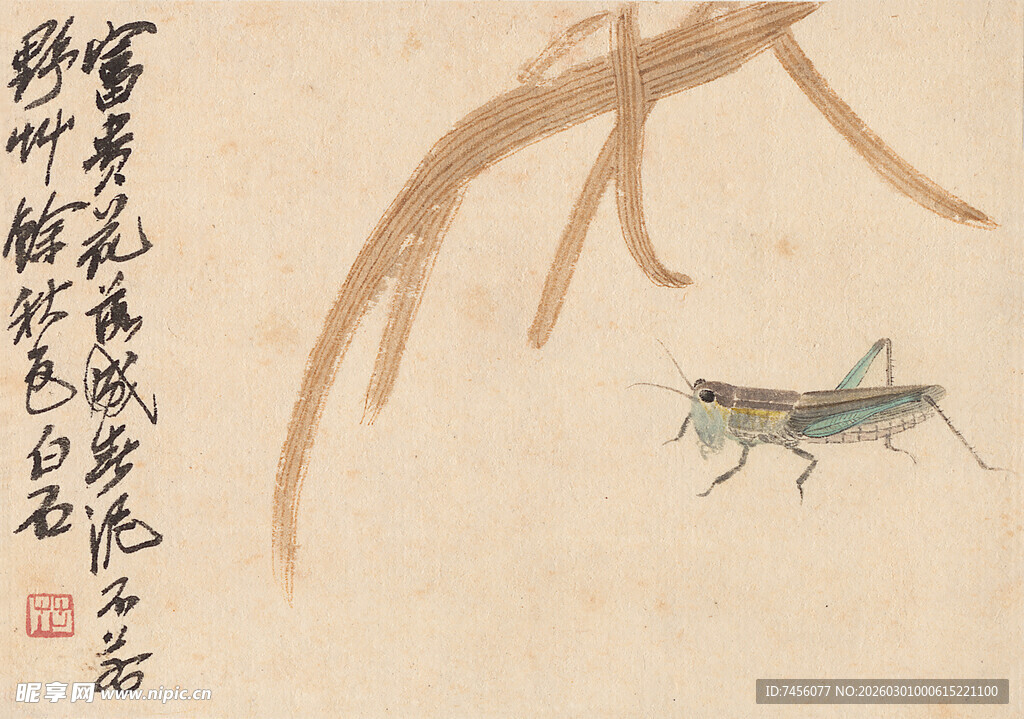 齐白石国画中的蚂蚱与植物