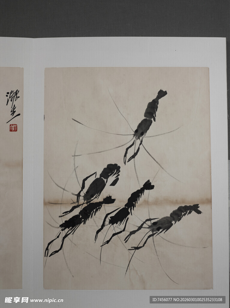 齐白石水墨虾趣图