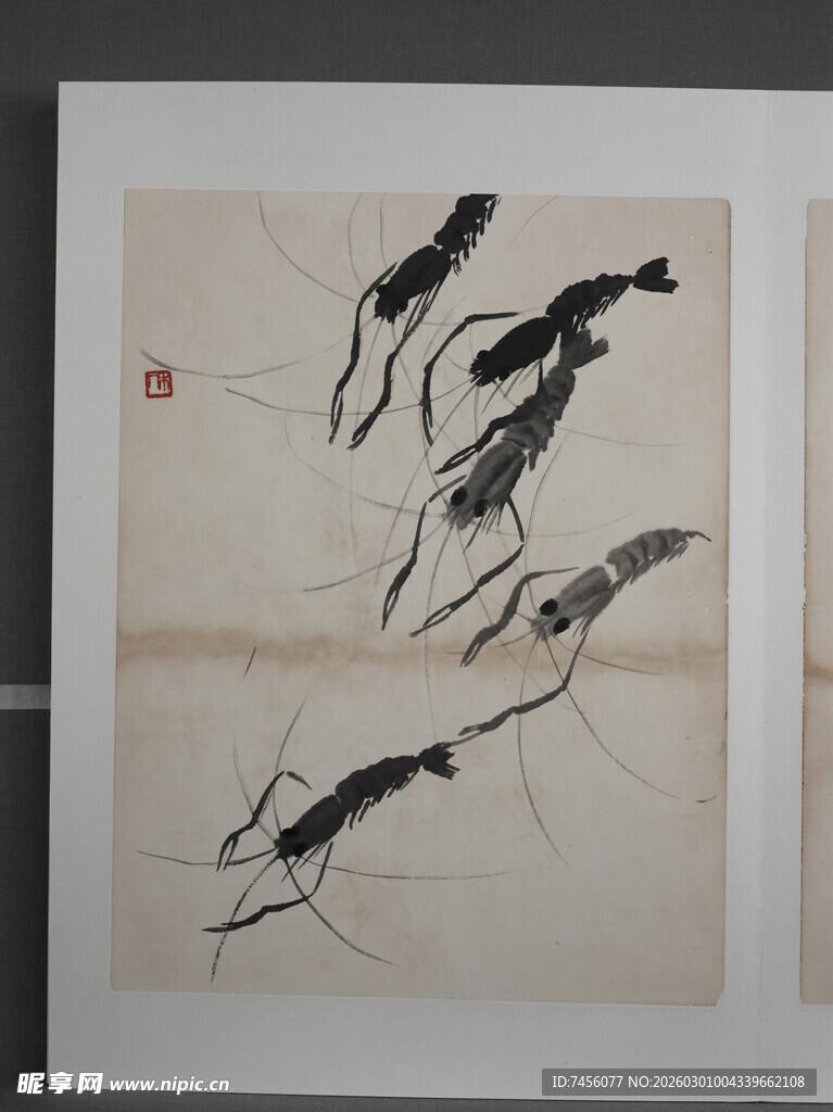 齐白石水墨虾趣图