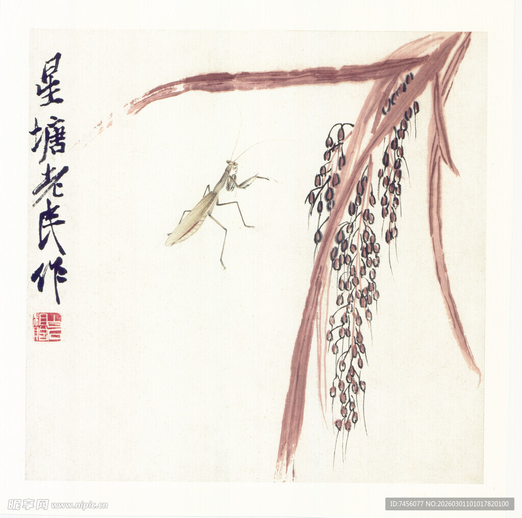 水墨稻穗上的螳螂