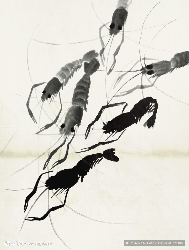 齐白石水墨虾趣图