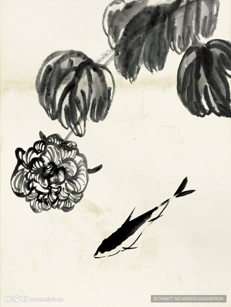 齐白石水墨鱼荷图