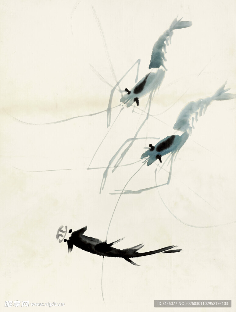 齐白石水墨虾趣图