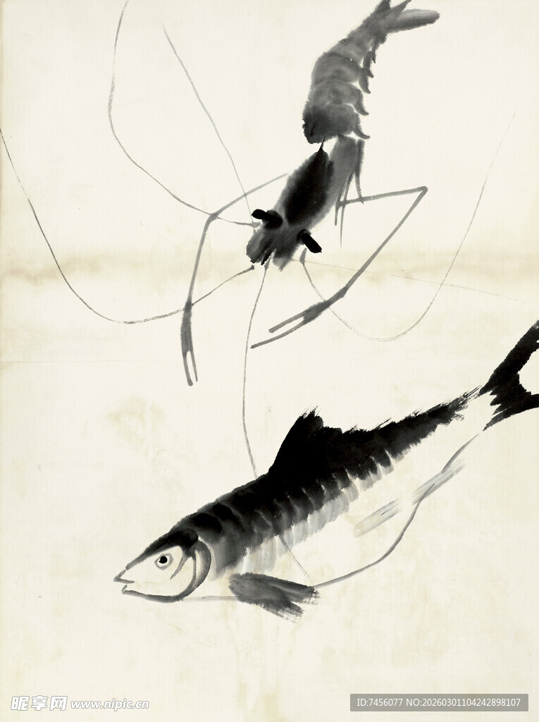 齐白石水墨绘鱼鸟图