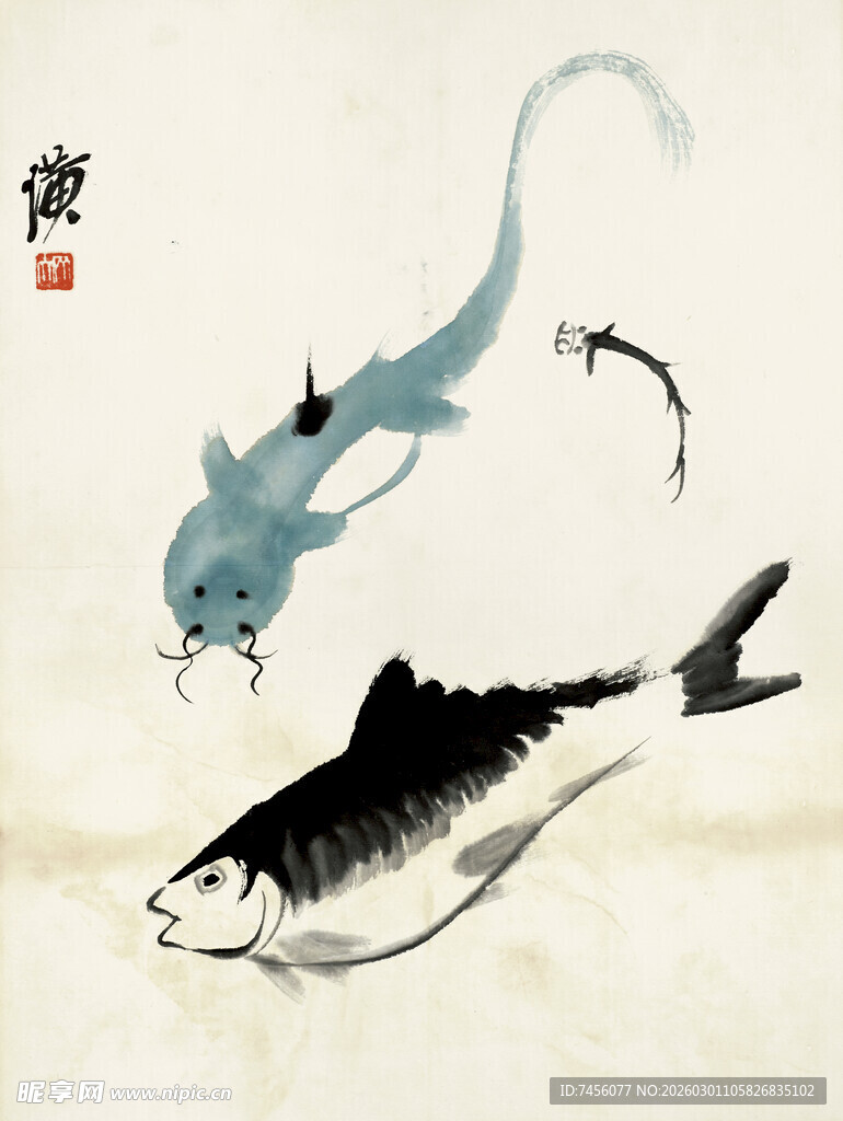 齐白石水墨双鱼图