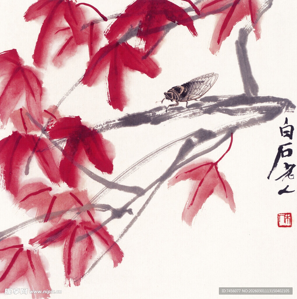 齐白石水墨红叶栖鸟图