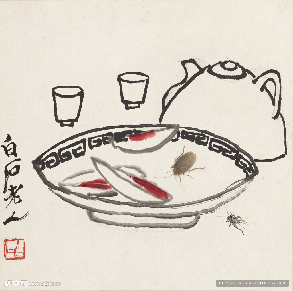 齐白石水墨风茶具与鱼的雅致画面