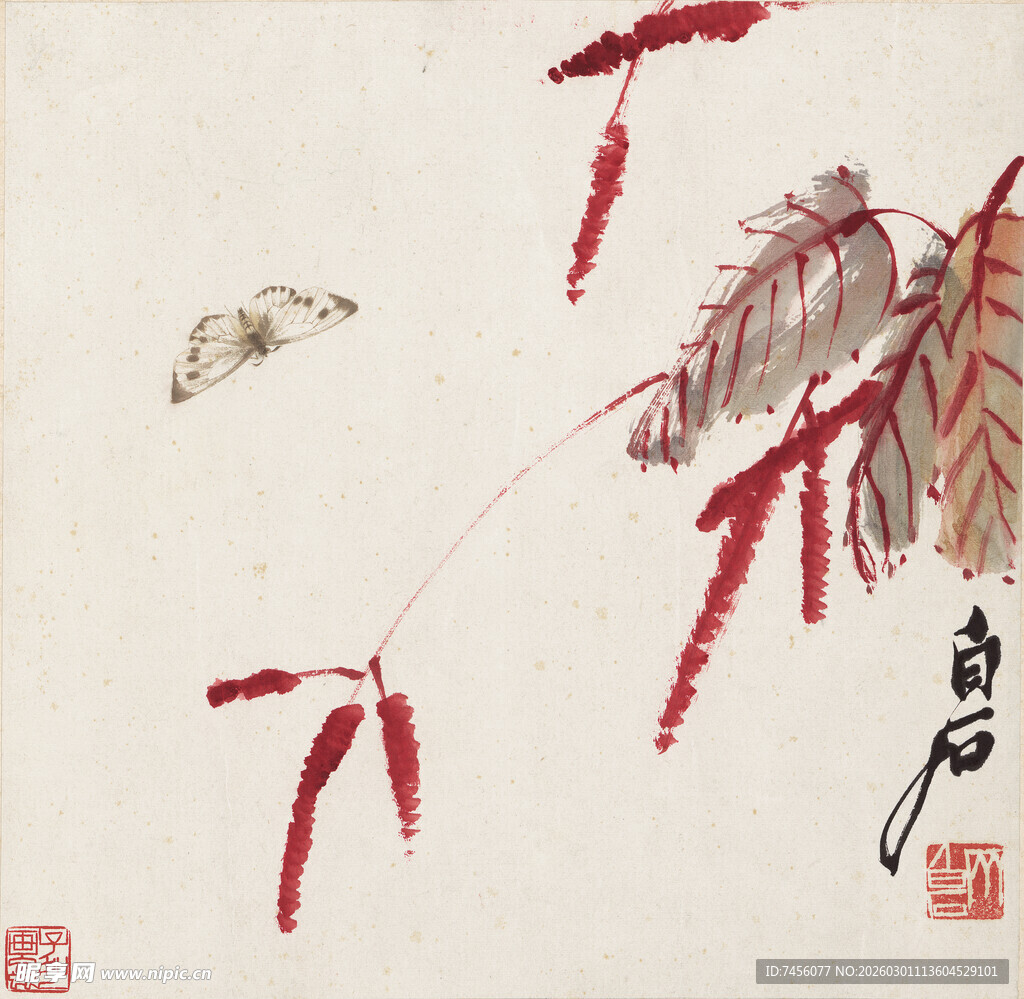 齐白石秋意红叶间的灵动飞鸟