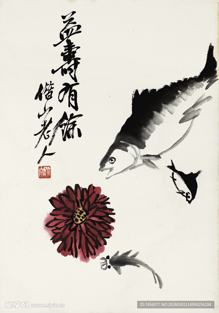 齐白石墨鱼菊花图