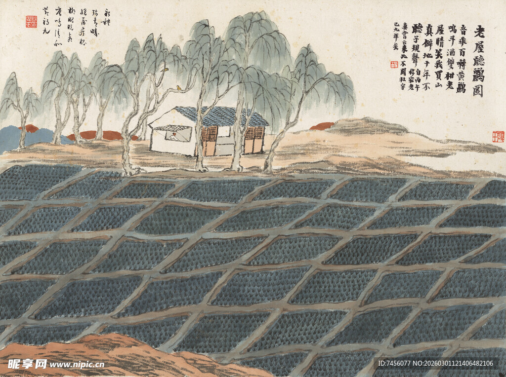 齐白石水墨田园风光图