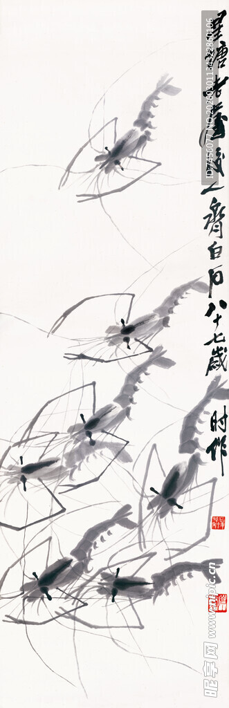 齐白石水墨群虾图