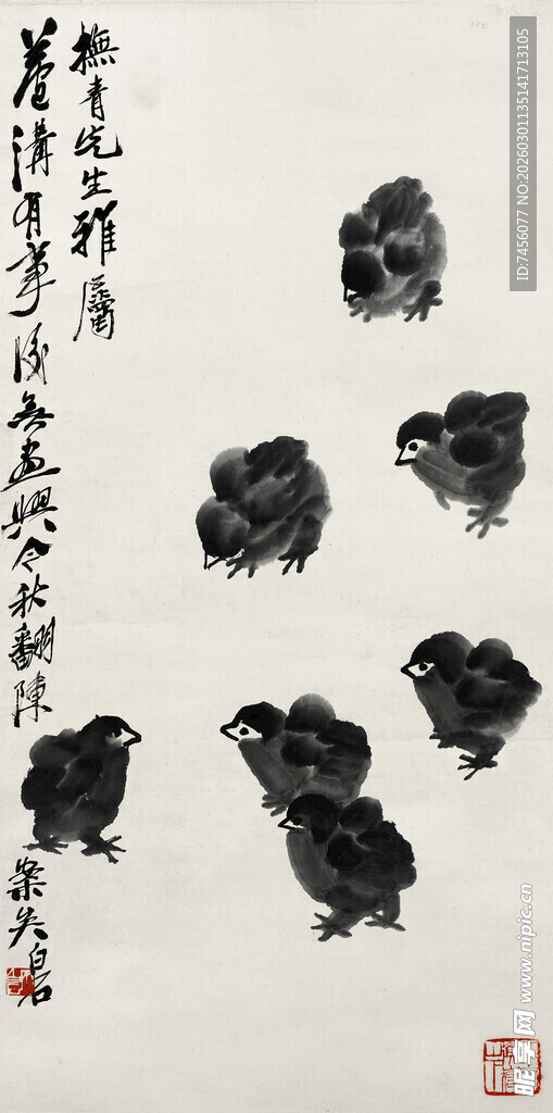 齐白石水墨群鸡图