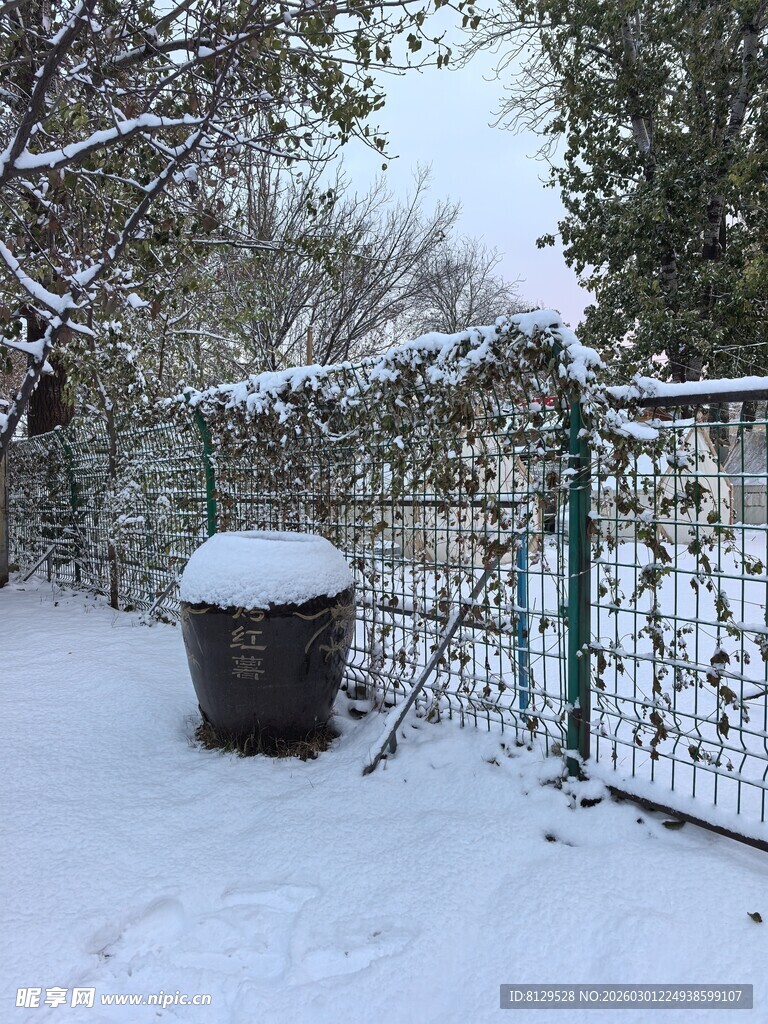 雪覆庭院中的垃圾桶与围栏