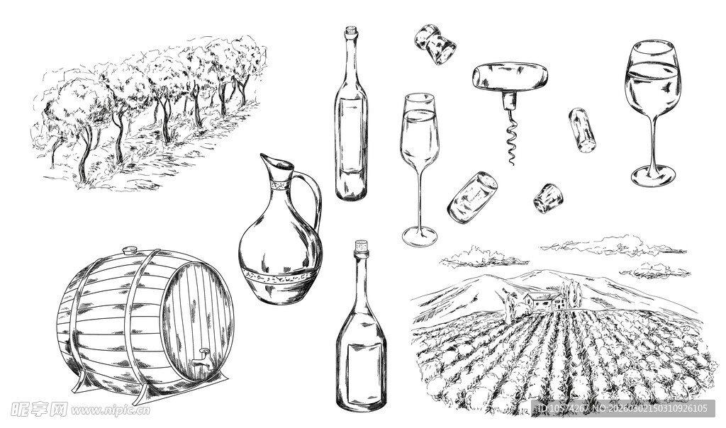 手绘葡萄酒相关器具场景