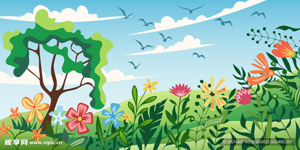 春日缤纷花草树木风景图