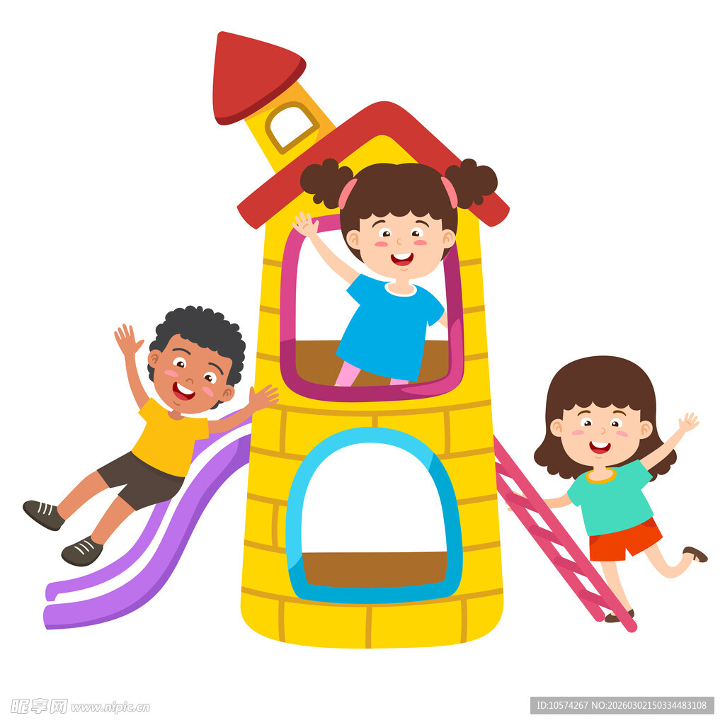 儿童在多彩滑梯城堡玩耍