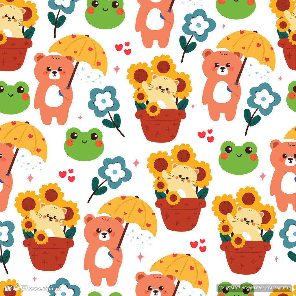 可爱动物花卉无缝图案