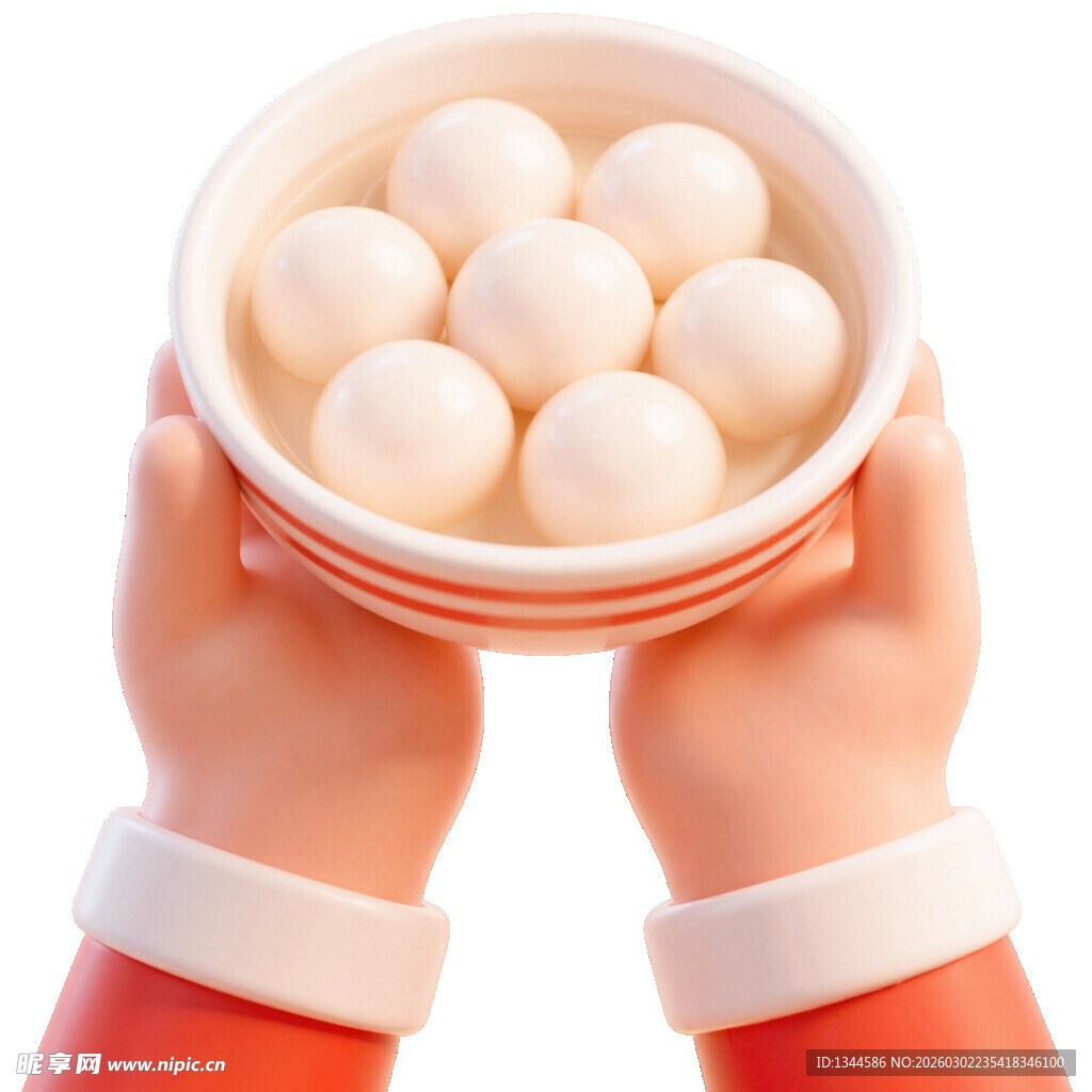 双手捧碗盛着圆润汤圆