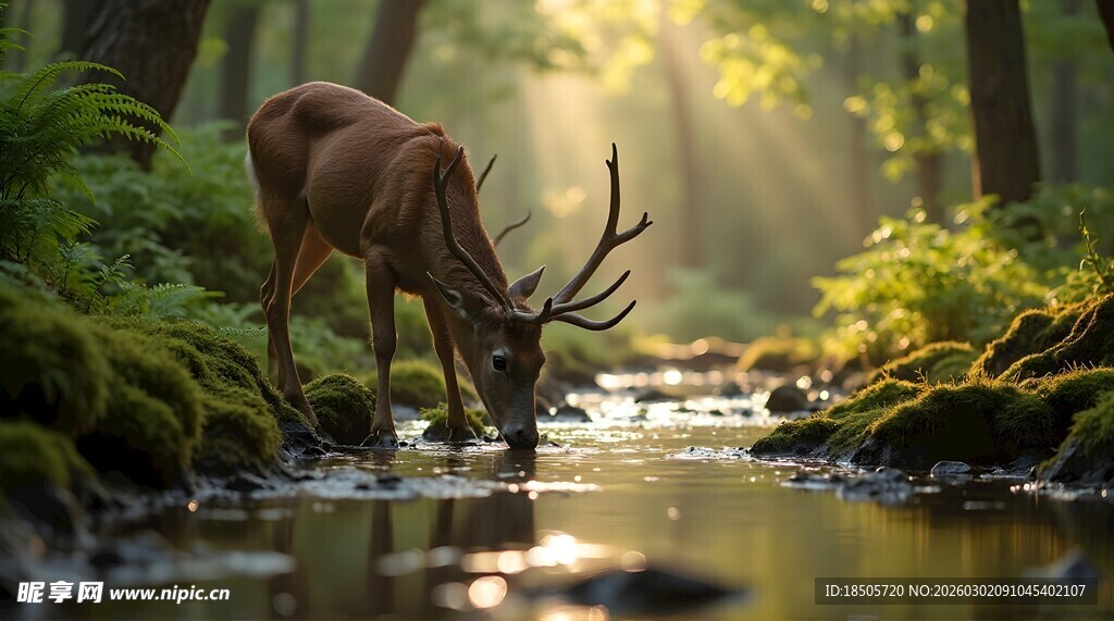林间鹿饮溪流图