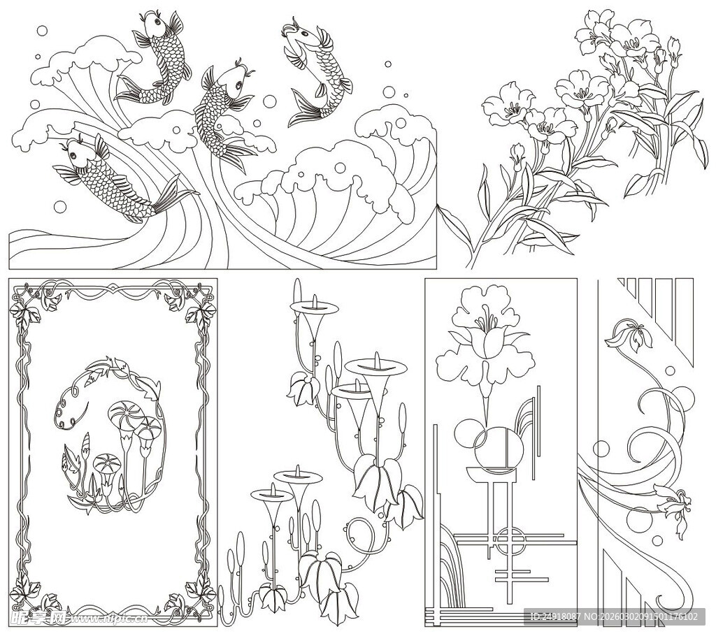 花草线条图案 矢量线条画