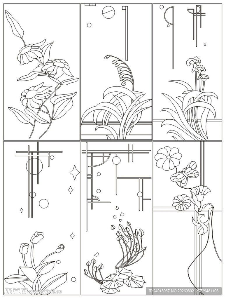 中式花鸟图案线稿设计