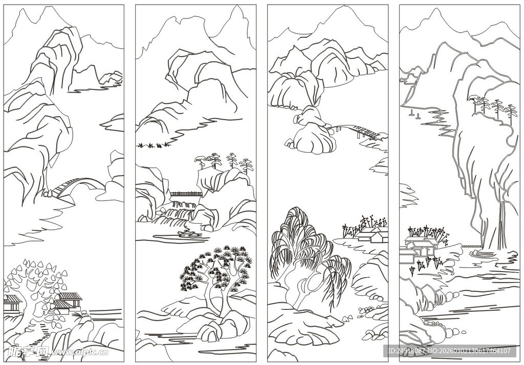 水墨山水屏风画