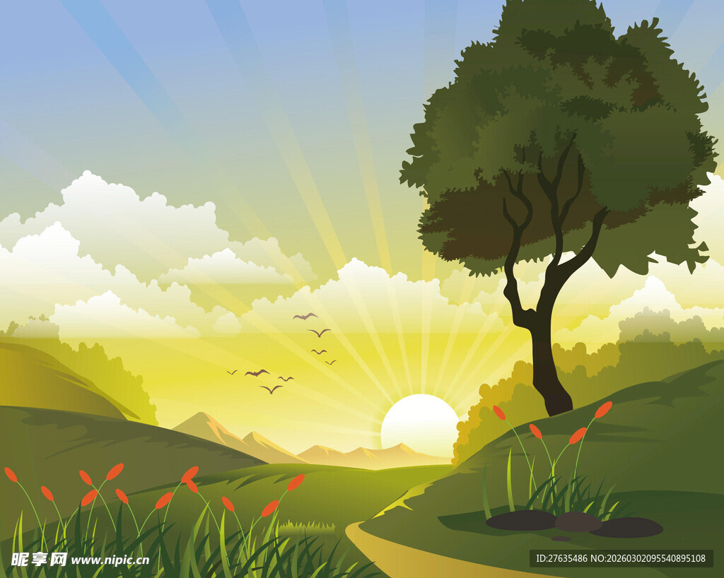 田园风光中的孤树与夕阳