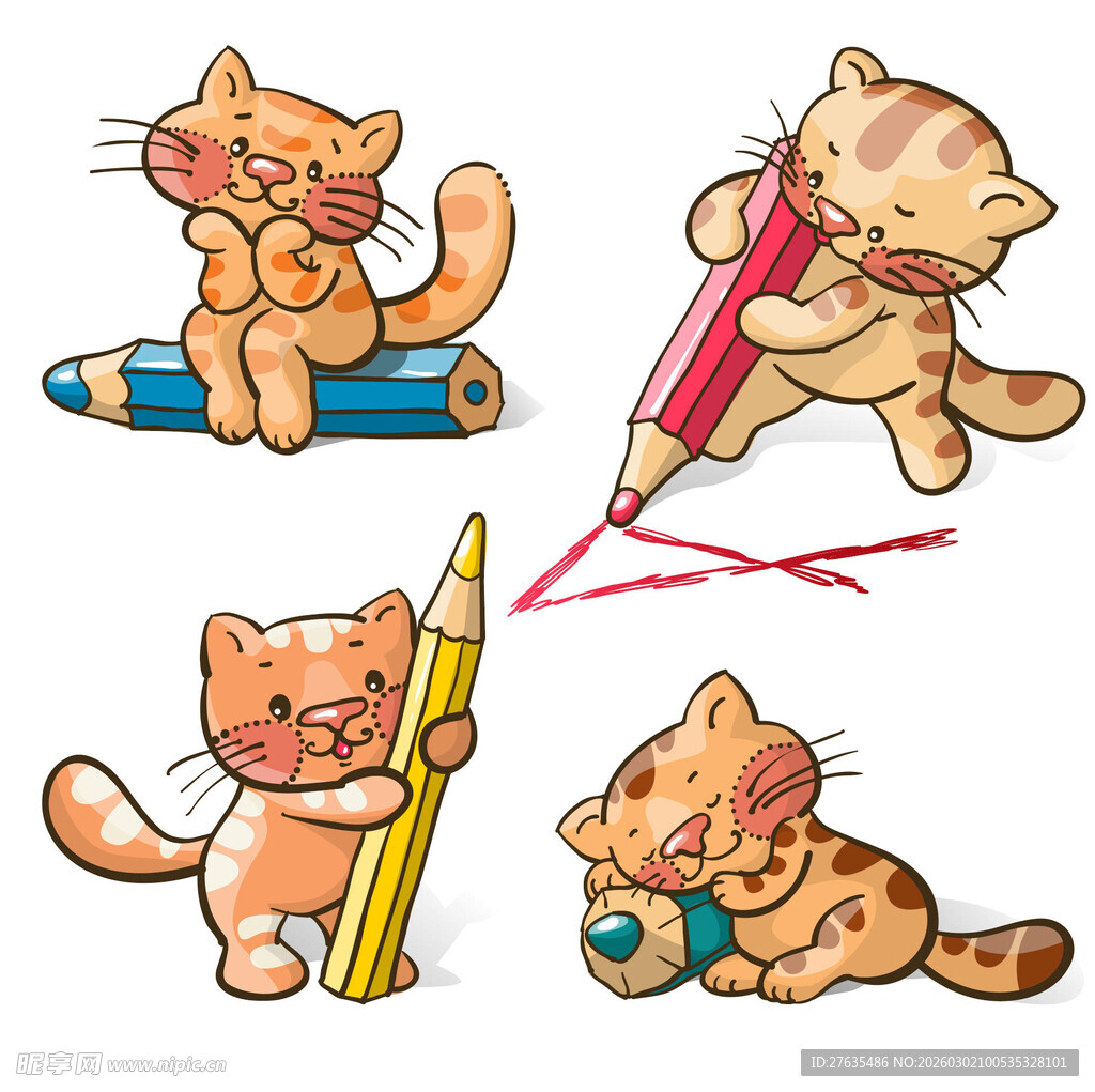 可爱猫咪与彩色铅笔插画