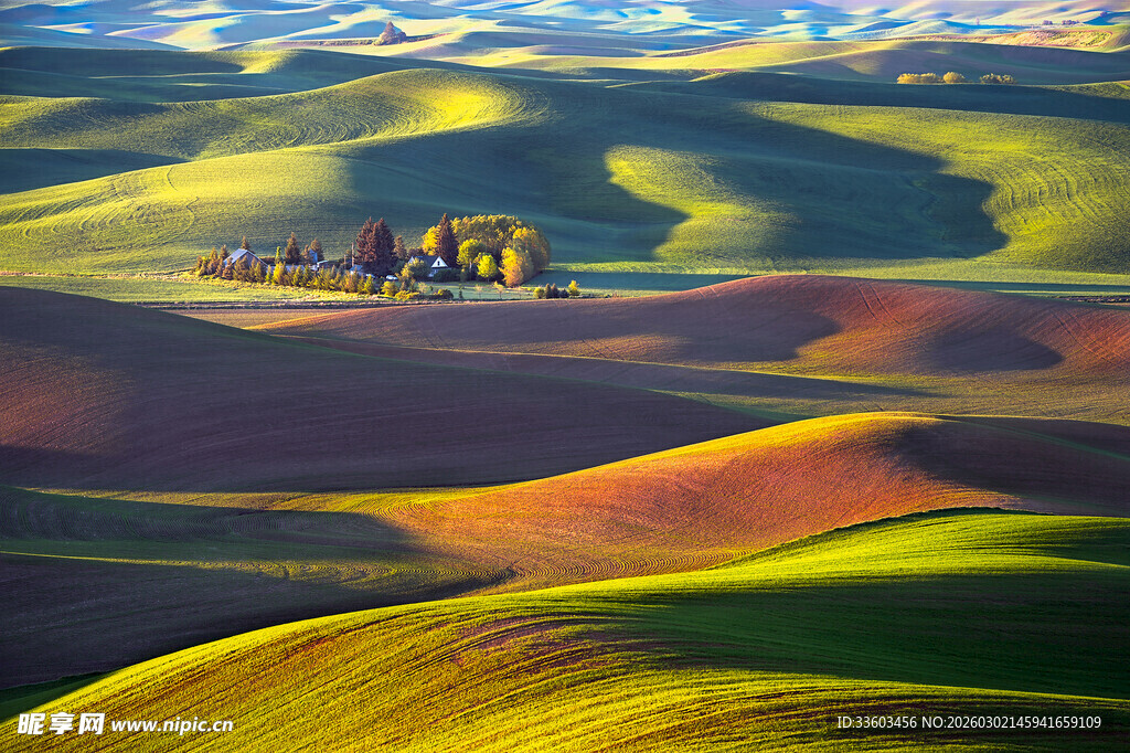 广袤多彩丘陵田园风光