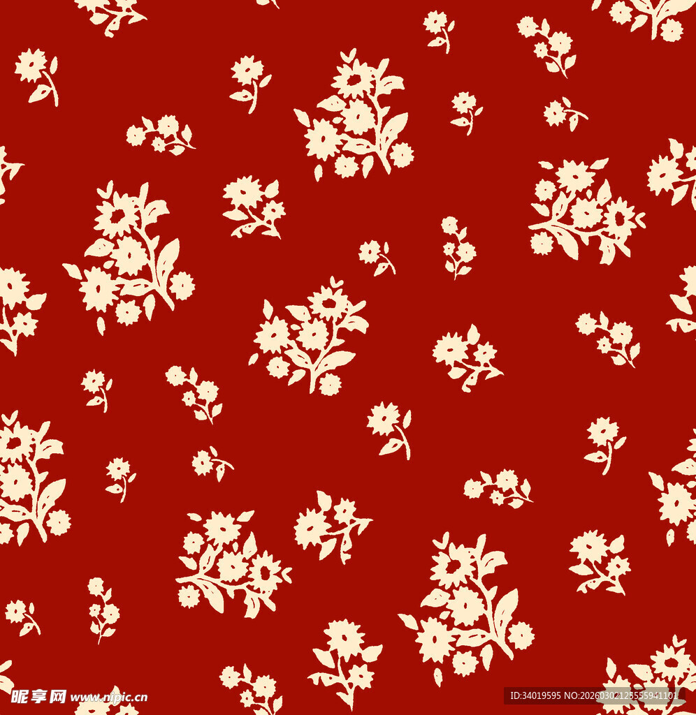 红色底白花简约花卉图案