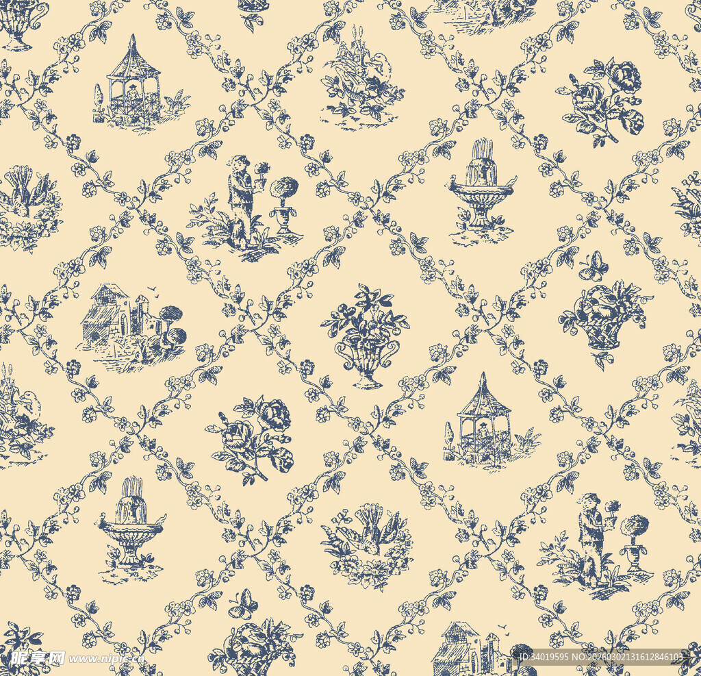 蓝白花卉几何图案布料